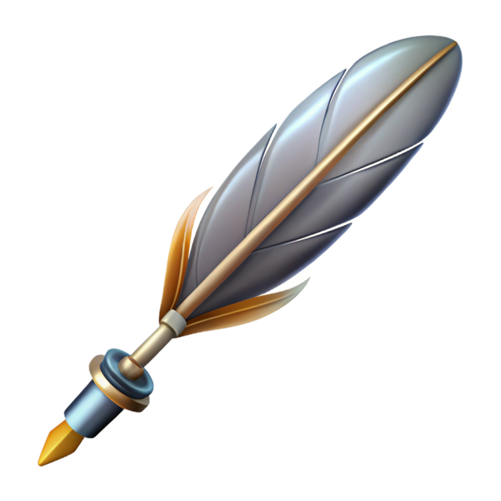 dazzling surreal Professional render of a hyper-specific, isolated cutout, single, feather pen, with intricate feather barbs and metal nib with Transparent Background refined png