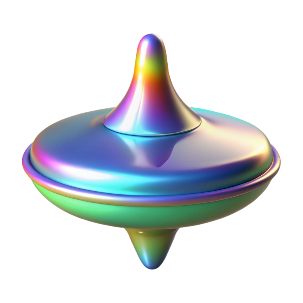 distinguished creative Hyper-specific professional render of an isolated, spinning, top with a holographic surface pattern Isolated cutout with Transparent Background perfect clarity png