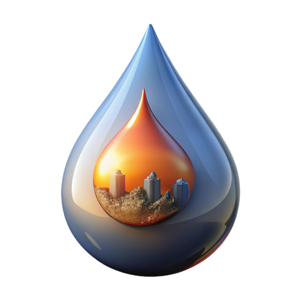 coveted avant-garde Concept art style, isolated cutout of a single, giant, hyperrealistic tear drop, reflecting a distorted image of a burning cityscape with Transparent Background exclusive png