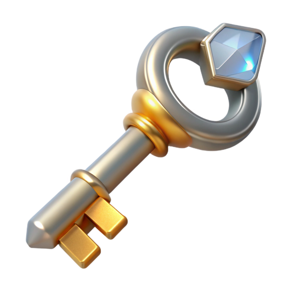 captivating distinctive Ultra-detailed, photorealistic, isolated cutout Professional render of a silver and gold key with intricate engravings and a glowing crystal tip with Transparent Background png