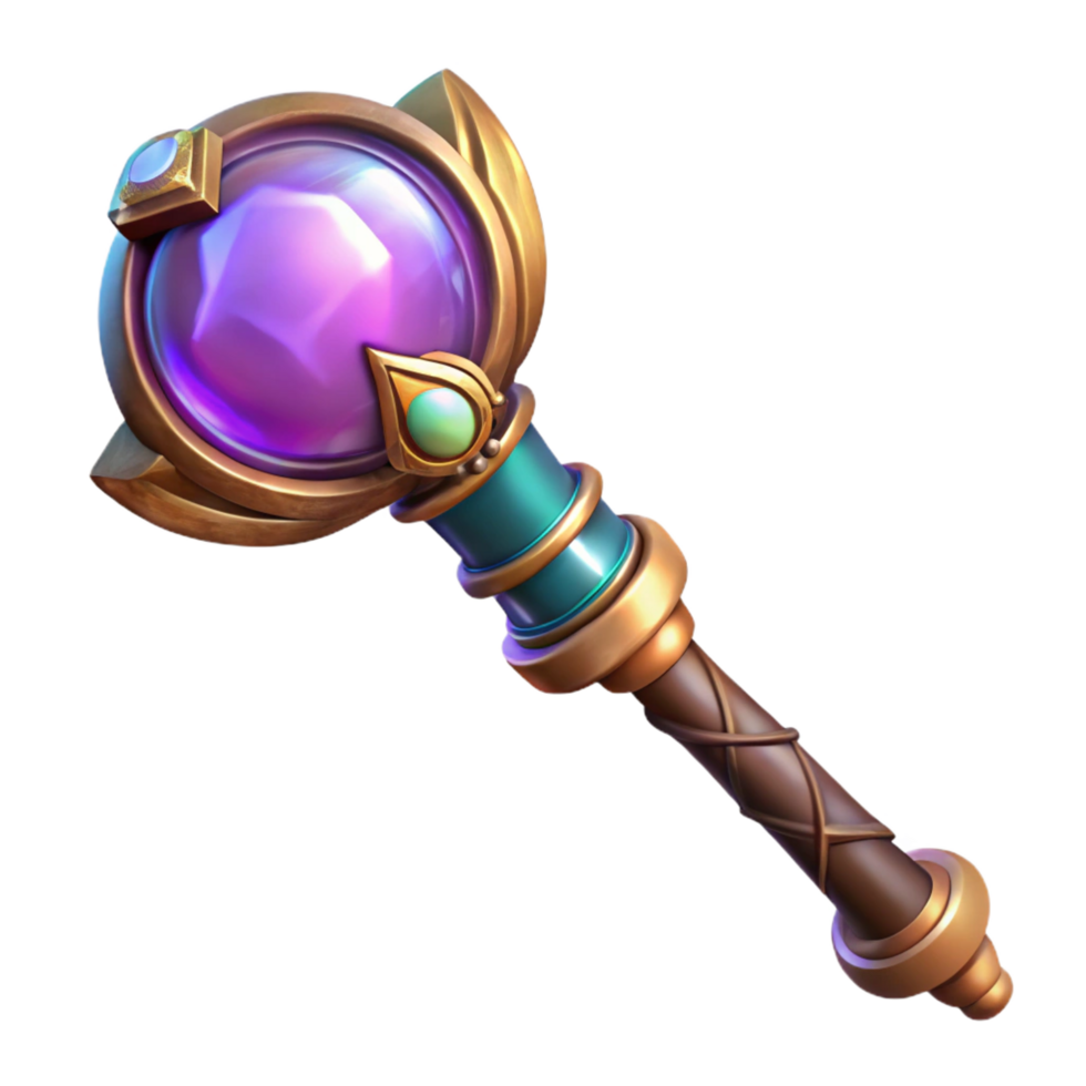 exceptional minimalist Ultra-detailed concept art style render of a magical staff, glowing crystal orb, intricate carvings, isolated cutout with Transparent Background crisp png