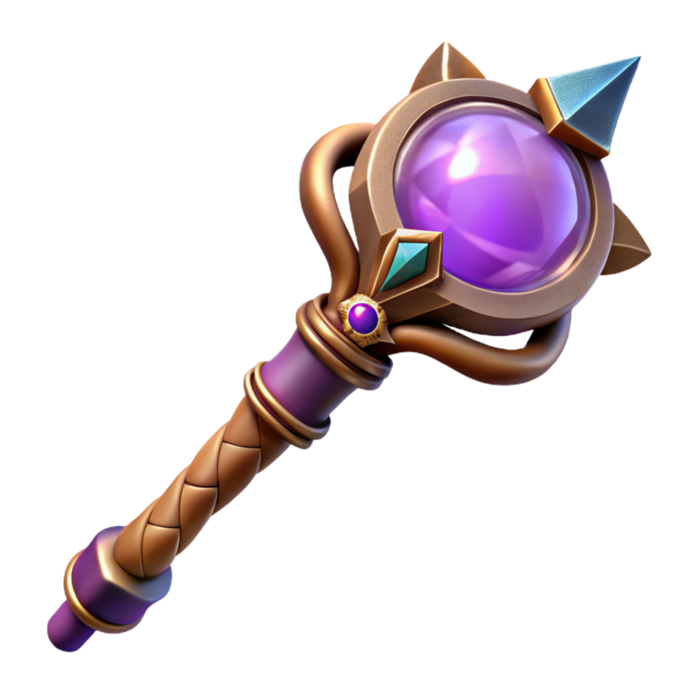 dazzling futuristic Ultra-detailed concept art style render of a magical staff, glowing crystal orb, intricate carvings, isolated cutout with Transparent Background high quality png