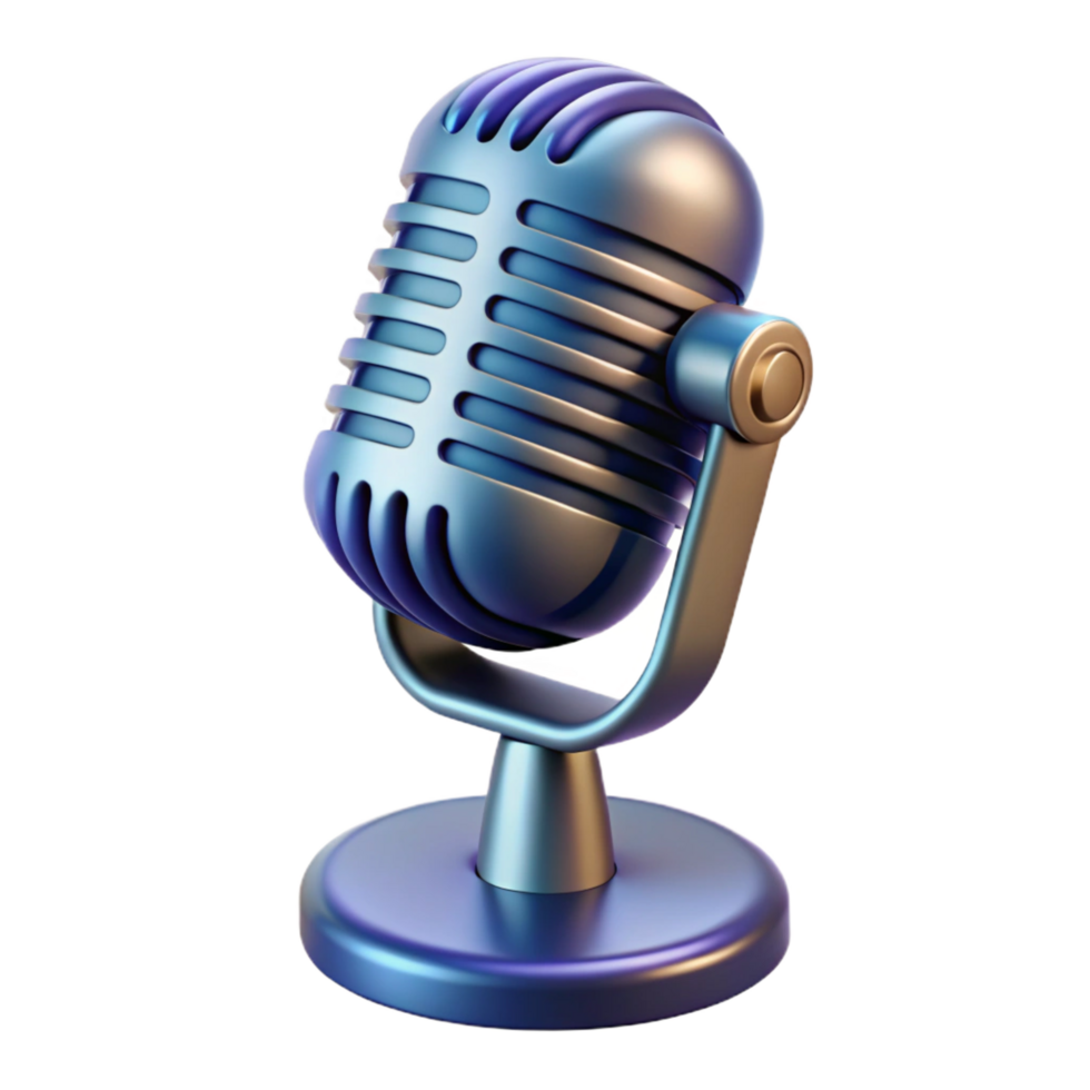 bold splendid Photorealistic, hyper-specific render of a single, isolated retro-futuristic microphone with a chrome grill and stand with Transparent Background masterfully captured png