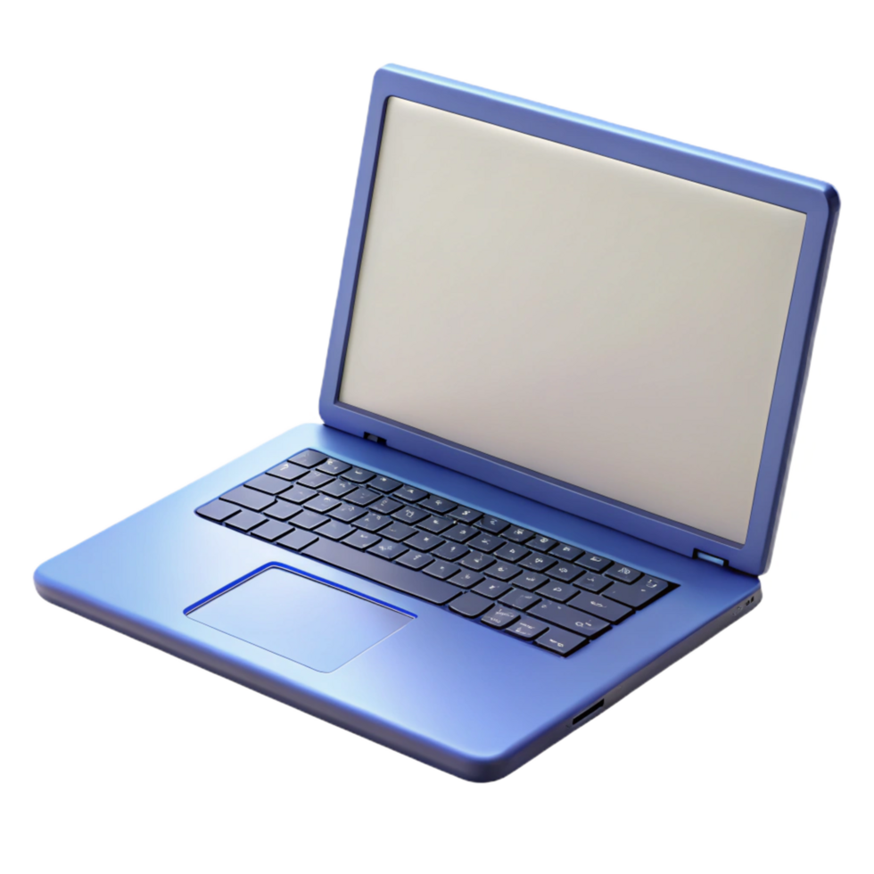dazzling tropical Photorealistic, isolated cutout of a single open laptop displaying a blank screen, hyper-specific keyboard layout, professional render with Transparent Background fine detail png