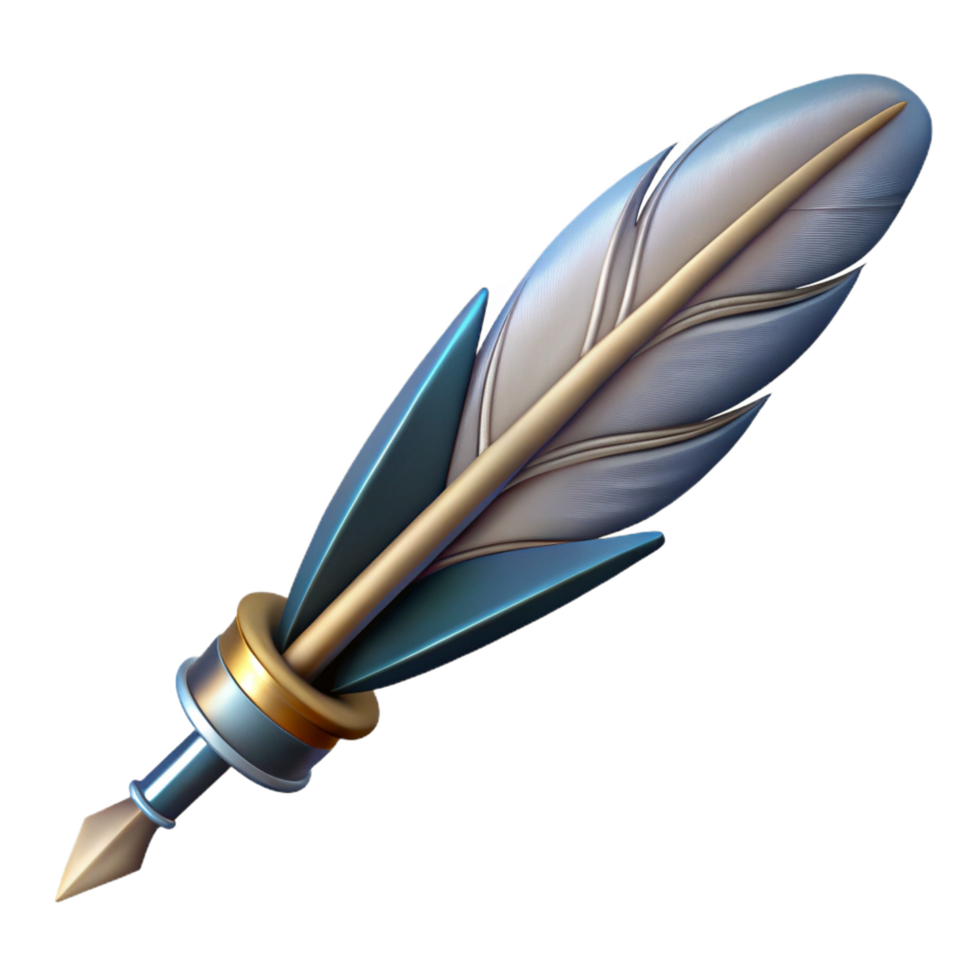 distinguished artistic Professional render of a hyper-specific, isolated cutout, single, feather pen, with intricate feather barbs and metal nib with Transparent Background museum quality png