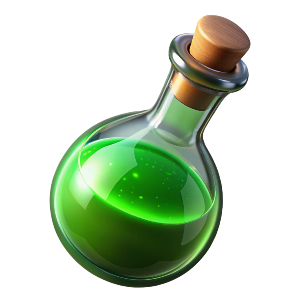 enchanting notable A single, sparkling potion bottle, filled with a green liquid with Transparent Background png