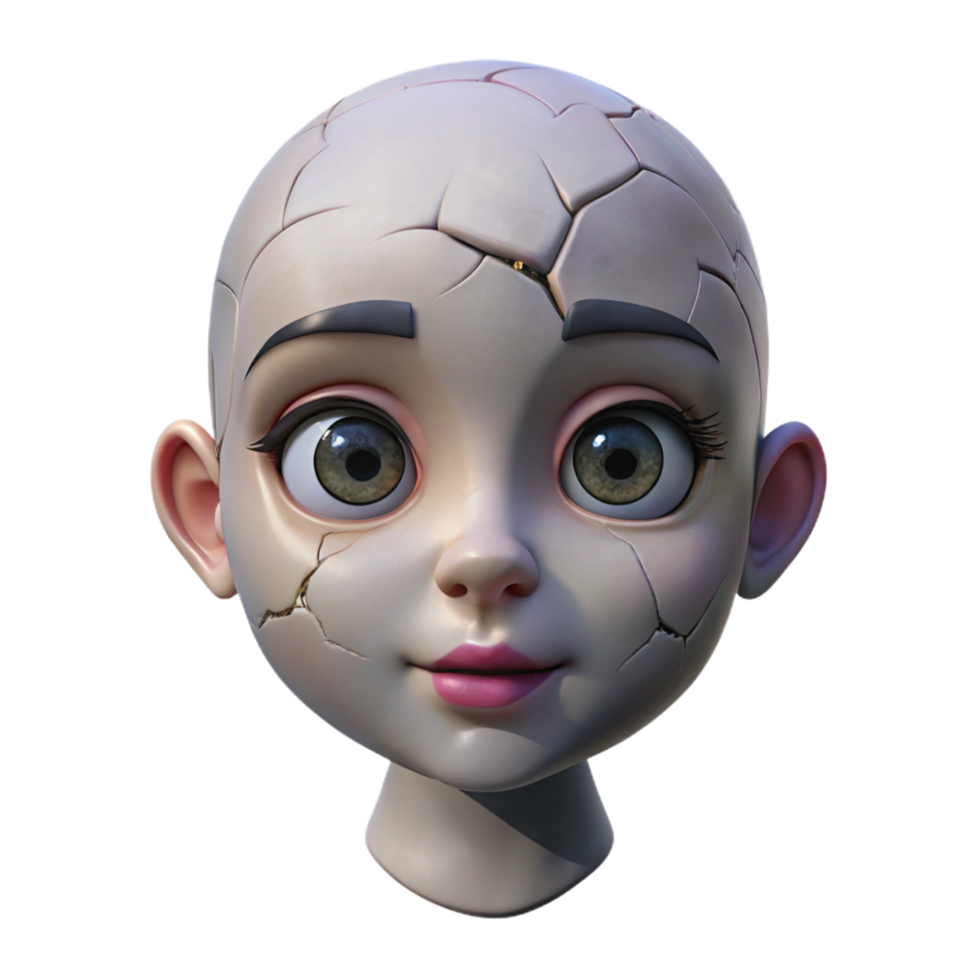 alluring rustic Isolated cutout, ultra-detailed concept art style rendering of a single, cracked porcelain doll head with Transparent Background masterfully captured png