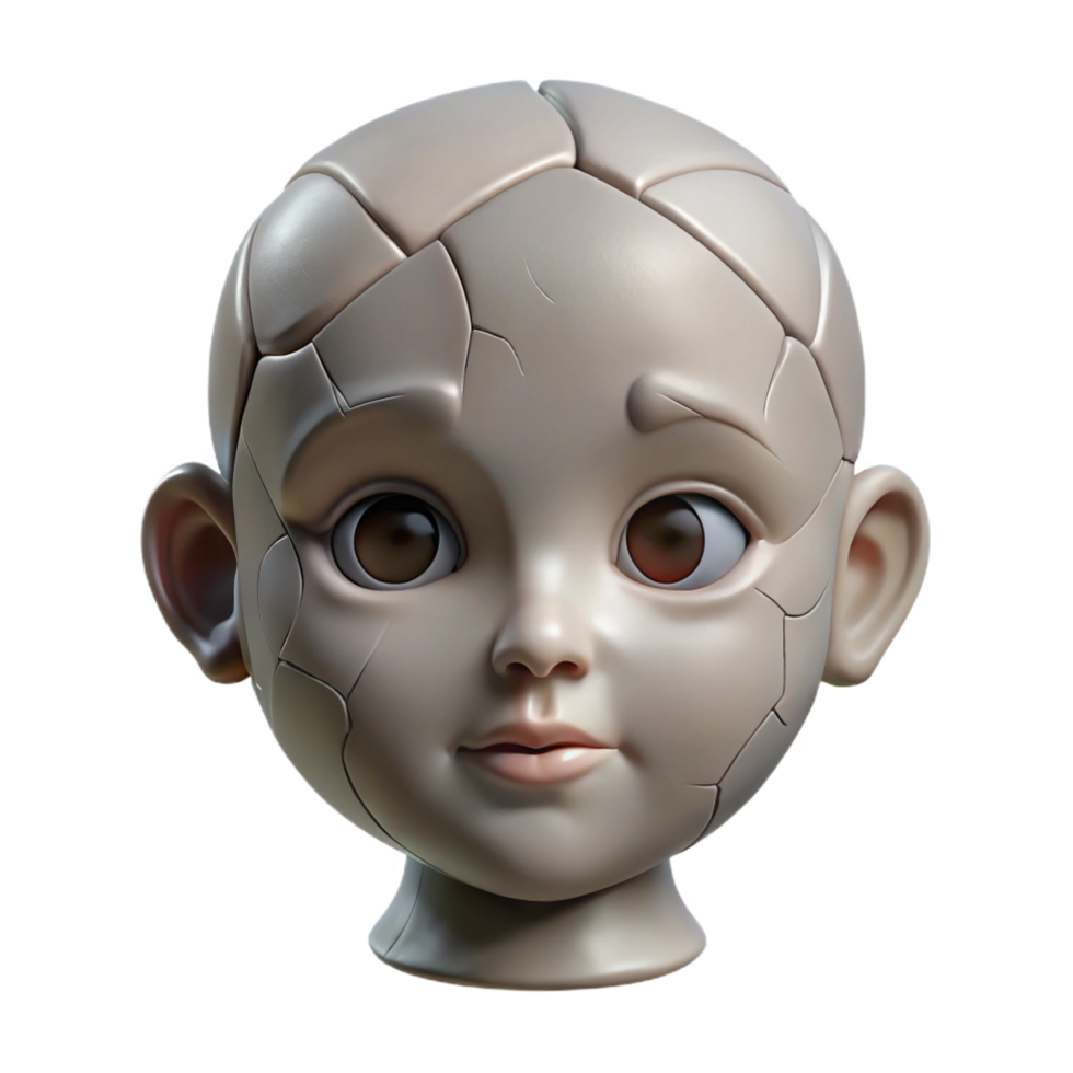 dramatic elegant Isolated cutout, ultra-detailed concept art style rendering of a single, cracked porcelain doll head with Transparent Background genuine png