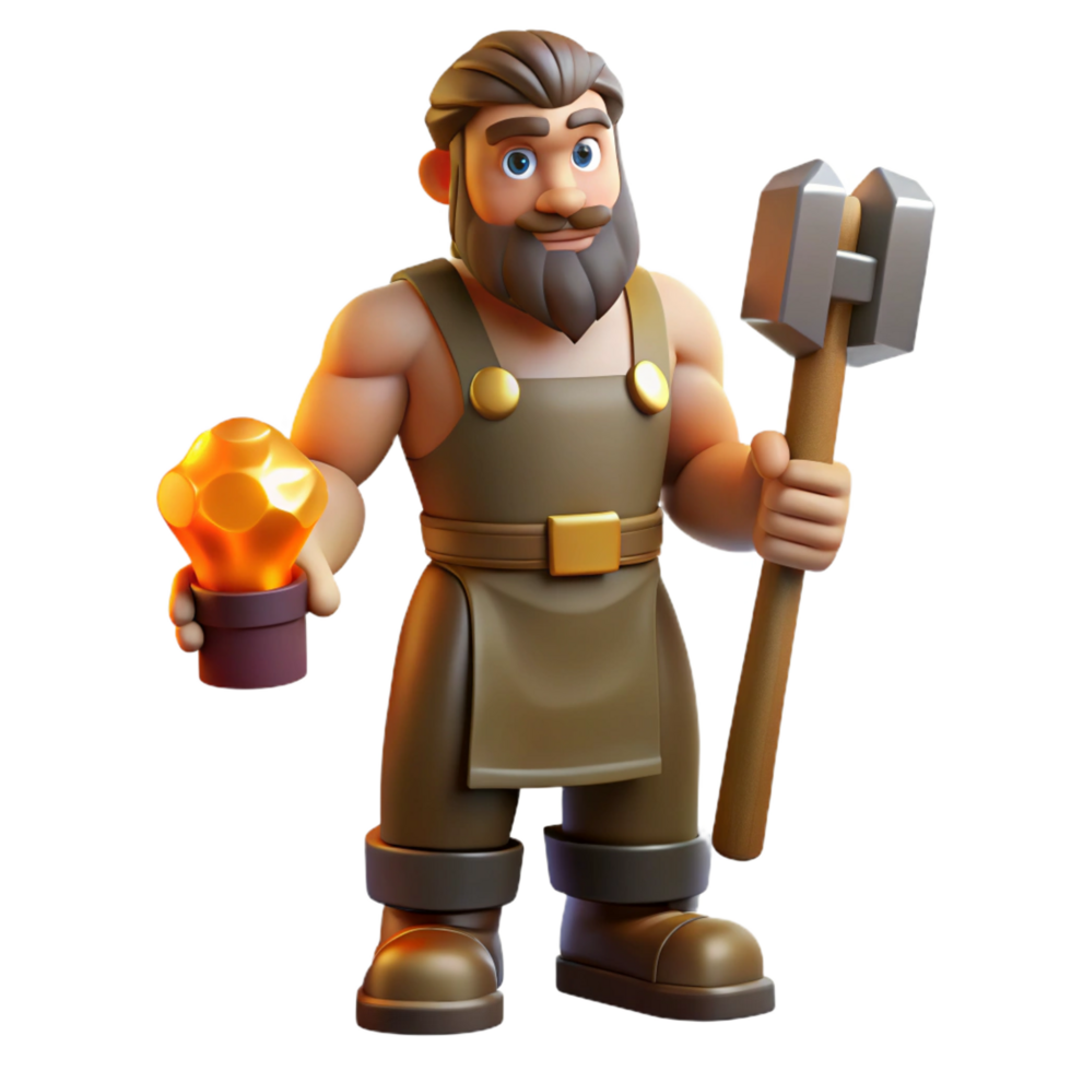 exemplary contemporary Hephaestus, God of the Forge, holding hammer, with Transparent Background authentic png