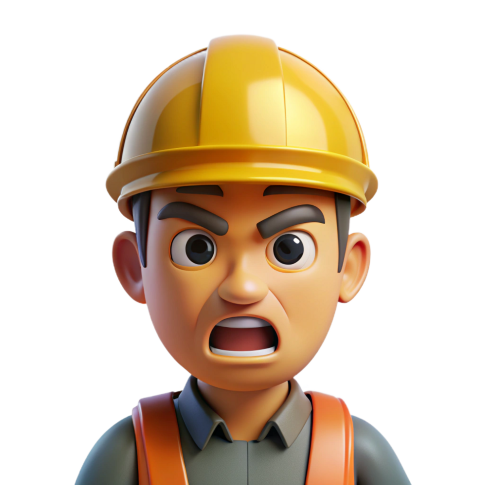 elegant memorable Angry construction worker in a hard hat, with Transparent Background png
