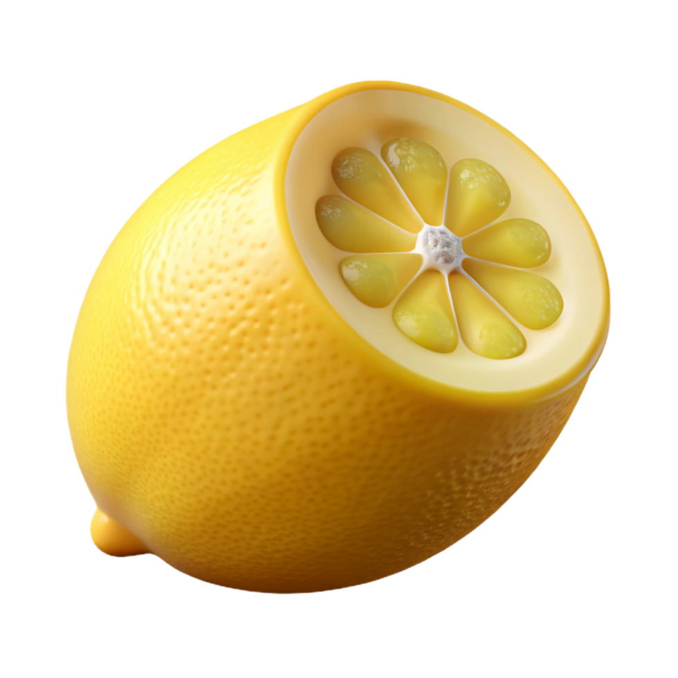 captivating exemplary Photorealistic, hyper-specific render of a single, cut lemon with detailed pulp and seeds Isolated cutout with Transparent Background png