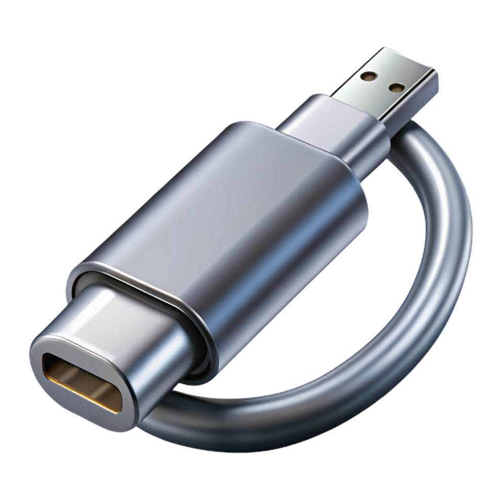beautiful timeless Professional render of a hyper-specific, isolated cutout of a single silver metallic USB-C cable connector, showing internal pins with Transparent Background png
