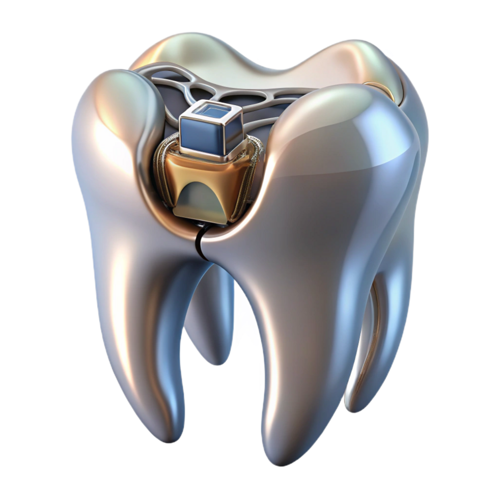 breathtaking passionate traditional Professional render of a biomechanical tooth, metallic enamel, exposed root system, internal circuitry, isolated cutout with Transparent Background authentic png