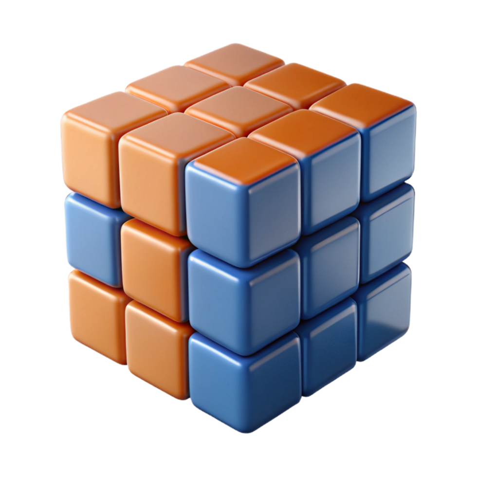 calm elegant Hyper-specific, photorealistic professional render of a single, rotating Rubik's Cube mid-solve with Transparent Background artisan png