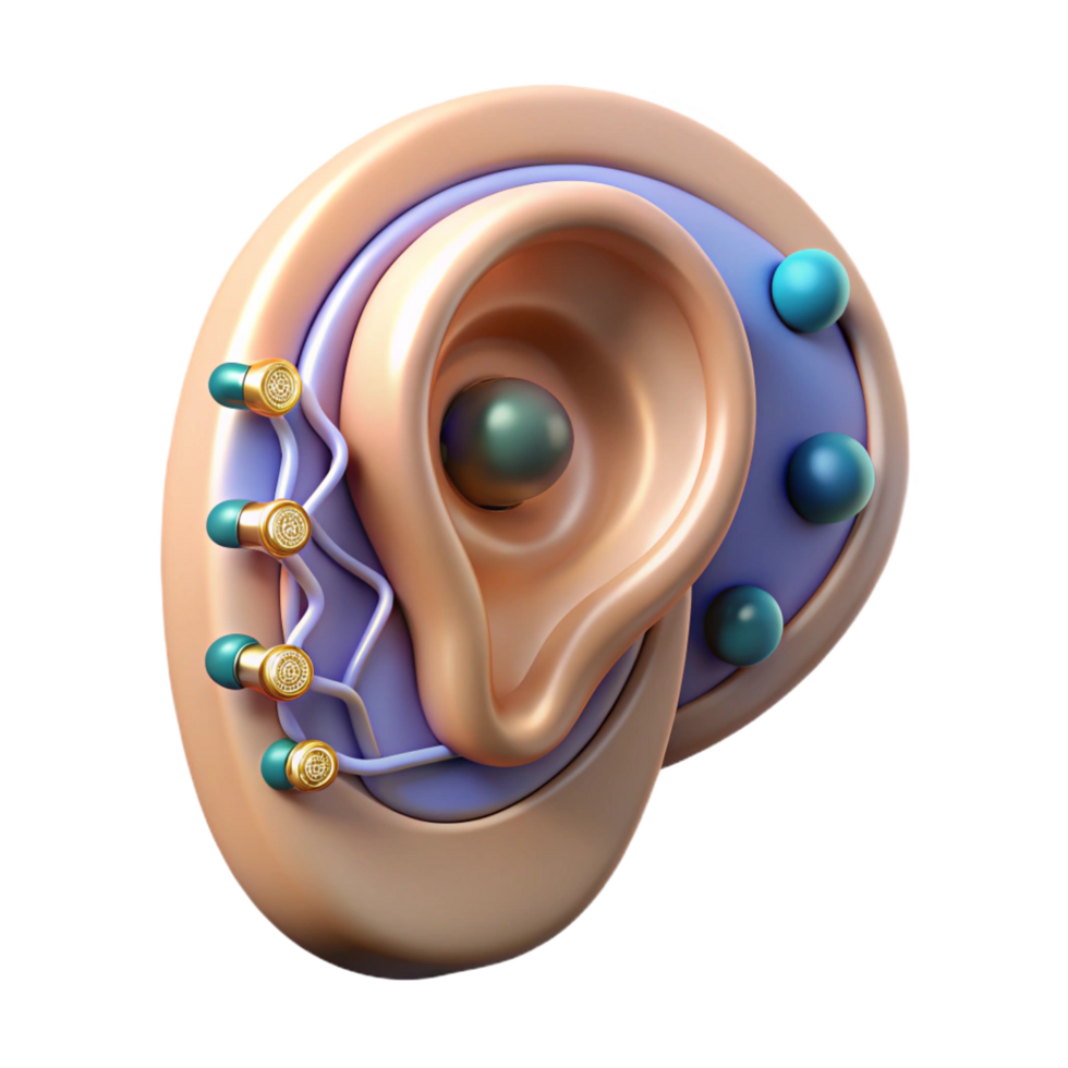 dramatic exceptional Hyper-specific, photorealistic, isolated cutout, concept art style of a single, advanced, cybernetic ear implant with intricate circuitry with Transparent Background png