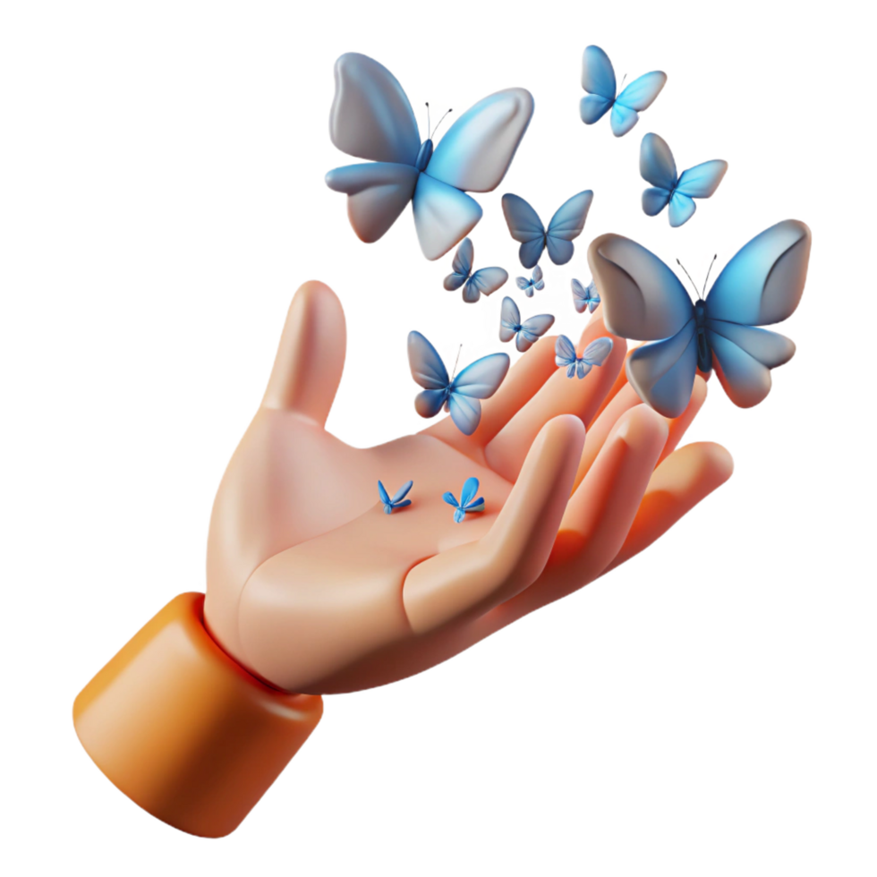 coveted renaissance Concept art style, isolated cutout of a single, stylized, human hand, transforming into a flock of butterflies with Transparent Background masterfully captured png