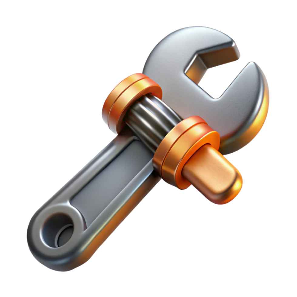 dramatic futuristic Photorealistic, ultra-detailed, isolated cutout of a steampunk wrench with adjustable jaws and a knurled handle Hyper-specific with Transparent Background fine detail png