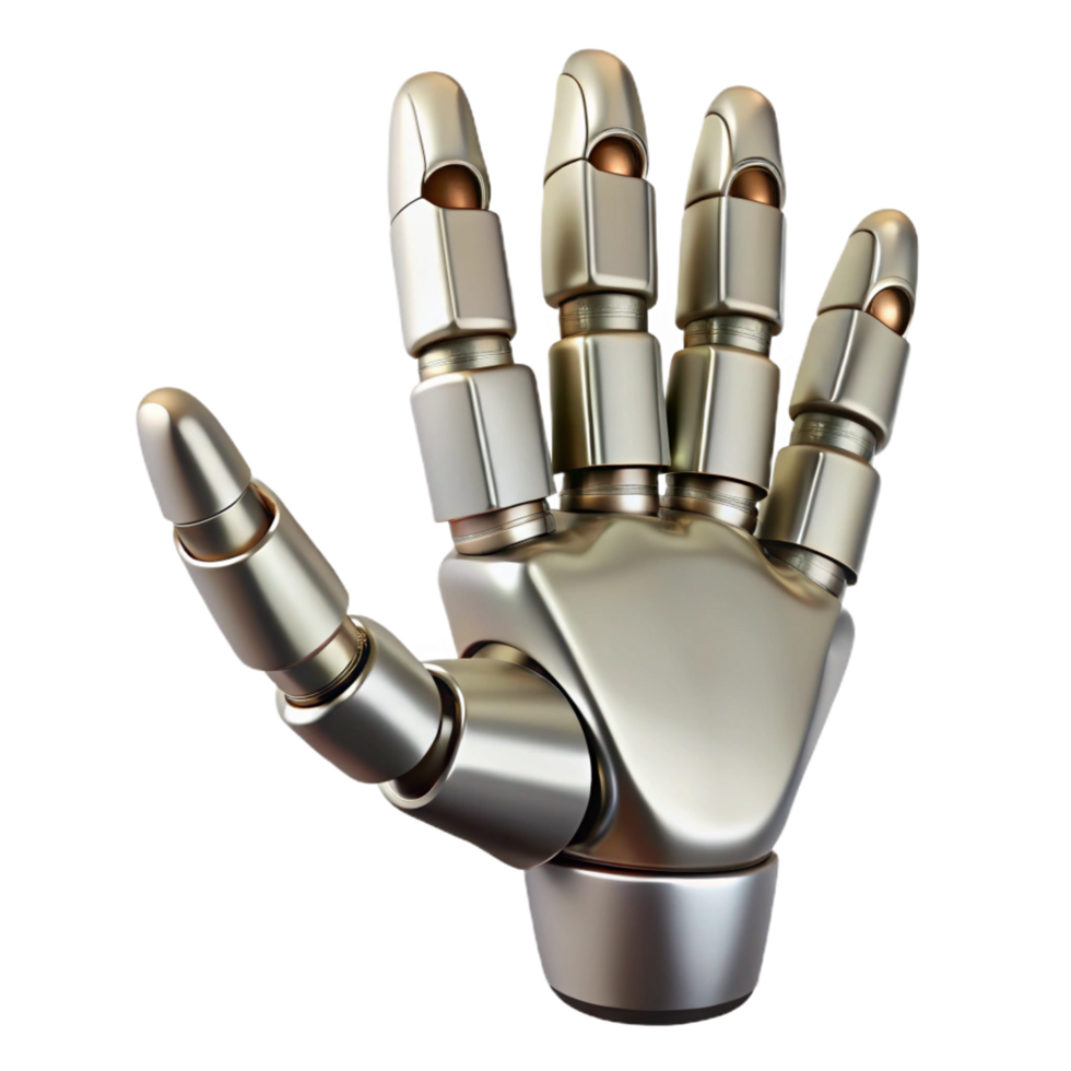 calm alluring Hyper-specific isolated cutout of a metallic, segmented robotic finger with articulated joints with Transparent Background high resolution png