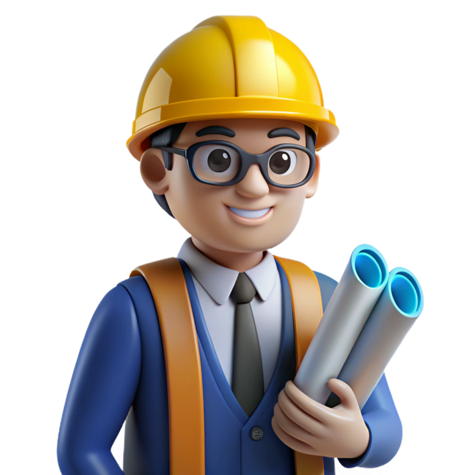 captivating notable Innovative engineer with blueprints, with Transparent Background png