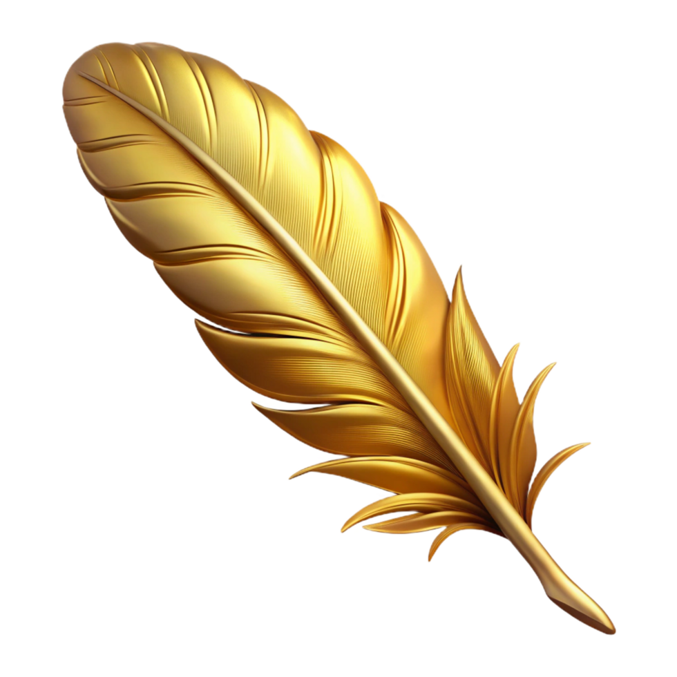 acclaimed gothic Hyper-specific, isolated cutout Professional render of a single Griffin feather, golden and shimmering, intricate barbules with Transparent Background authentic png