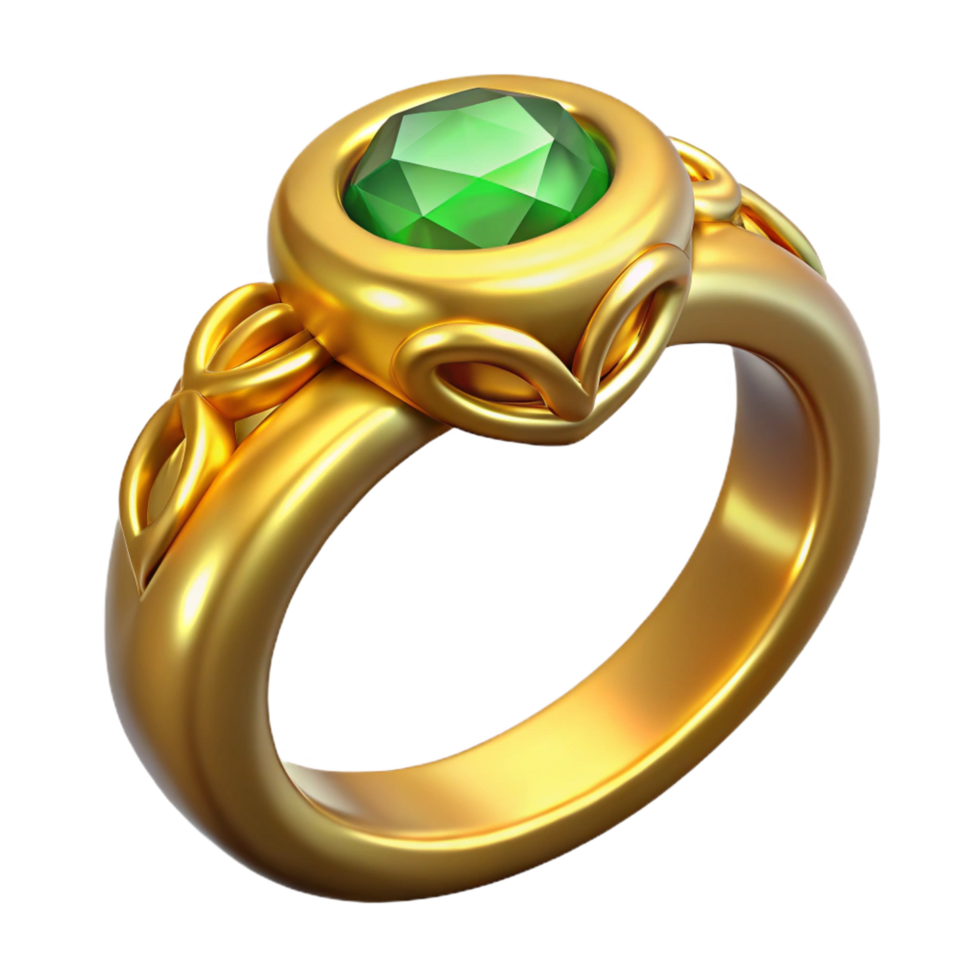celebrated traditional Hyper-specific, professional render of a single, golden ring, intricate filigree design, emerald gemstone, isolated cutout with Transparent Background studio quality png