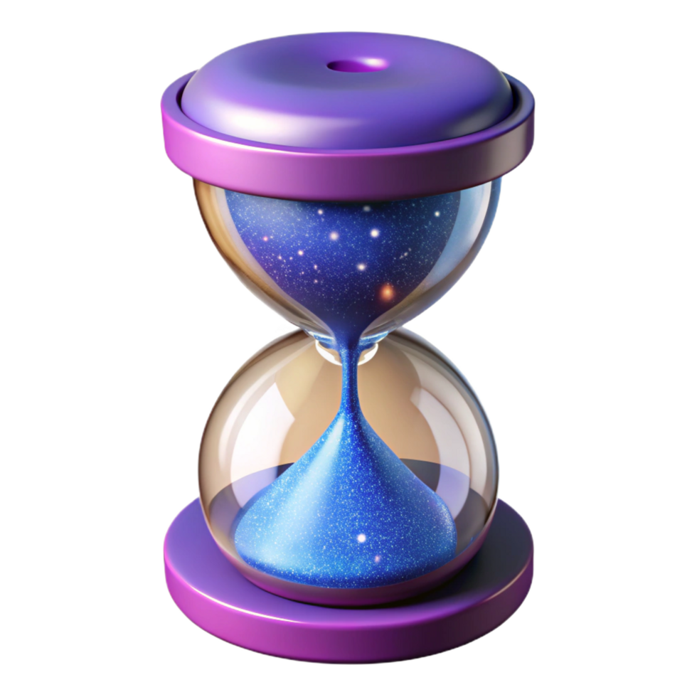 joyful breathtaking Professional render, photorealistic, isolated cutout of a single, ultra-detailed, hyper-specific cosmic hourglass filled with stardust with Transparent Background high quality png