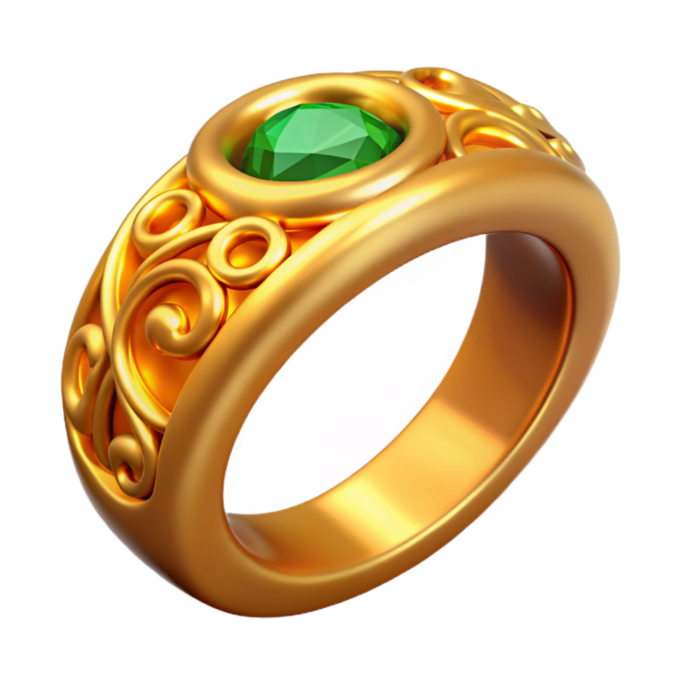 alluring retro Hyper-specific, professional render of a single, golden ring, intricate filigree design, emerald gemstone, isolated cutout with Transparent Background studio quality png