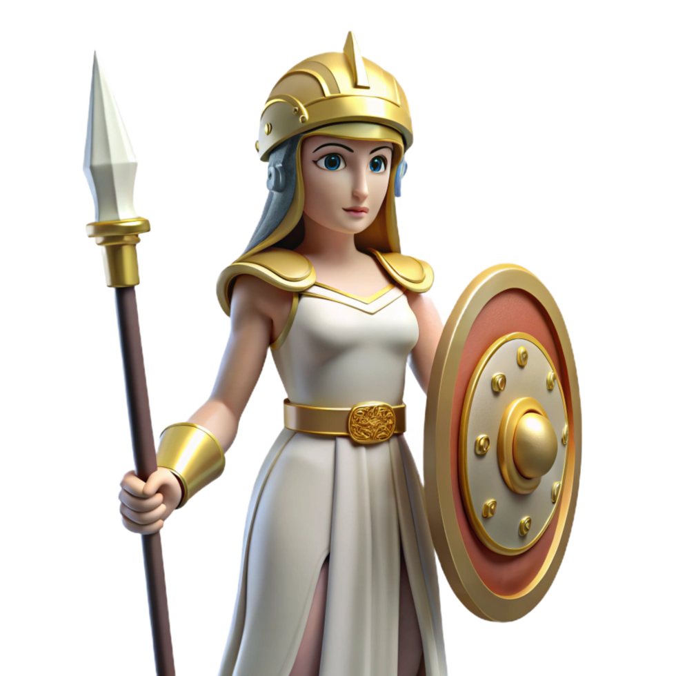 majestic exceptional Athena, Goddess of Wisdom, holding spear and shield, intelligent gaze with Transparent Background png