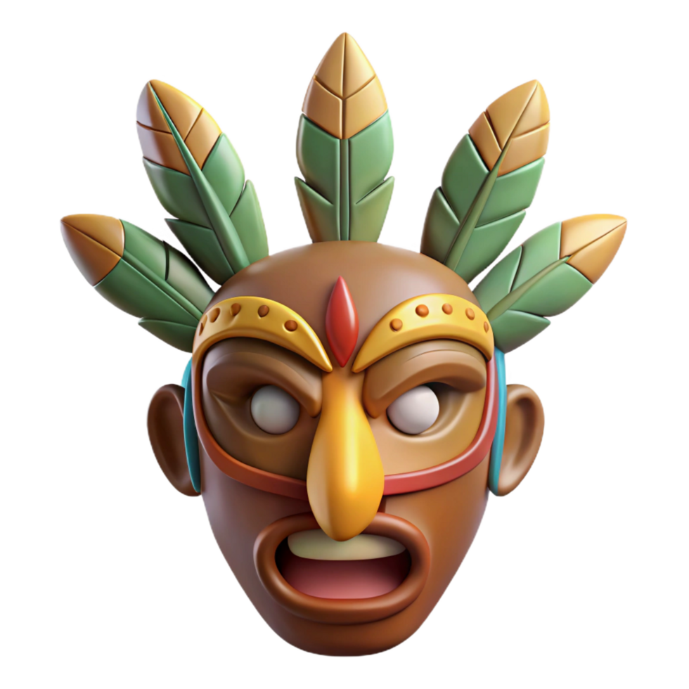 gorgeous calm vintage A stylized tribal mask with feather adornments, with Transparent Background studio quality png