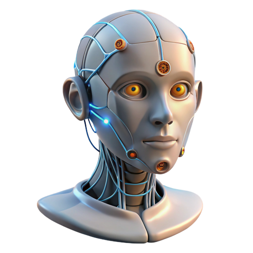 dazzling avant-garde Humanoid robot head with exposed wires and glowing circuits with Transparent Background expertly shot png