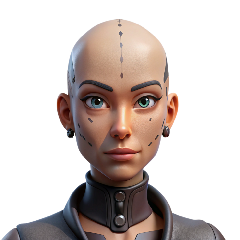 nostalgic captivating Female cyborg portrait, intricate face tattoos, shaved head with Transparent Background authentic png