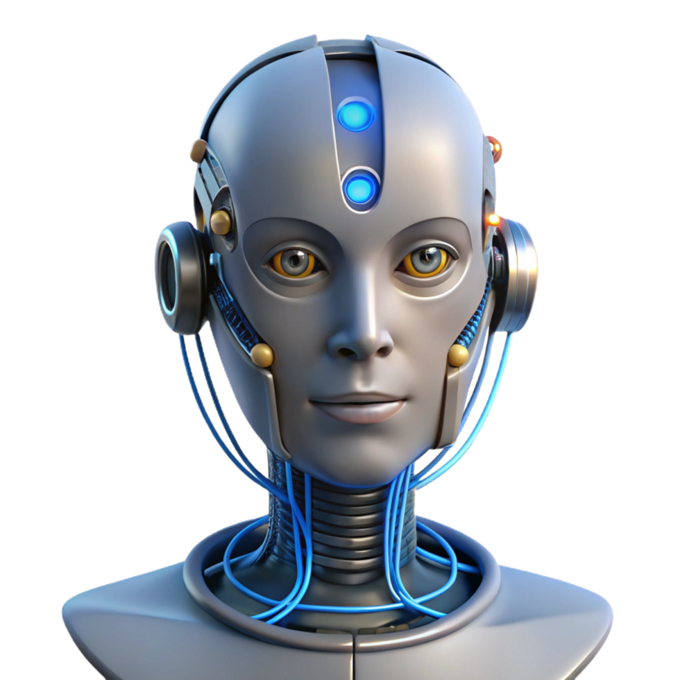 glorious urban Humanoid robot head with exposed wires and glowing circuits with Transparent Background handcrafted png