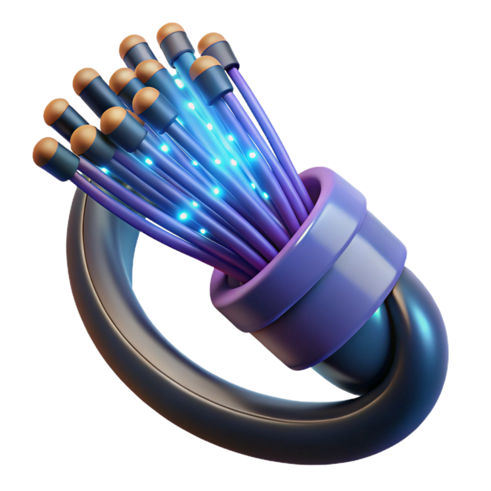 reflective pristine Futuristic data cable with glowing fiber optic strands with Transparent Background fine detail png