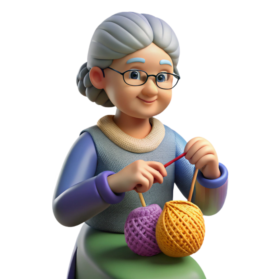 fascinating passionate surreal Senior woman knitting with Transparent Background flawless png