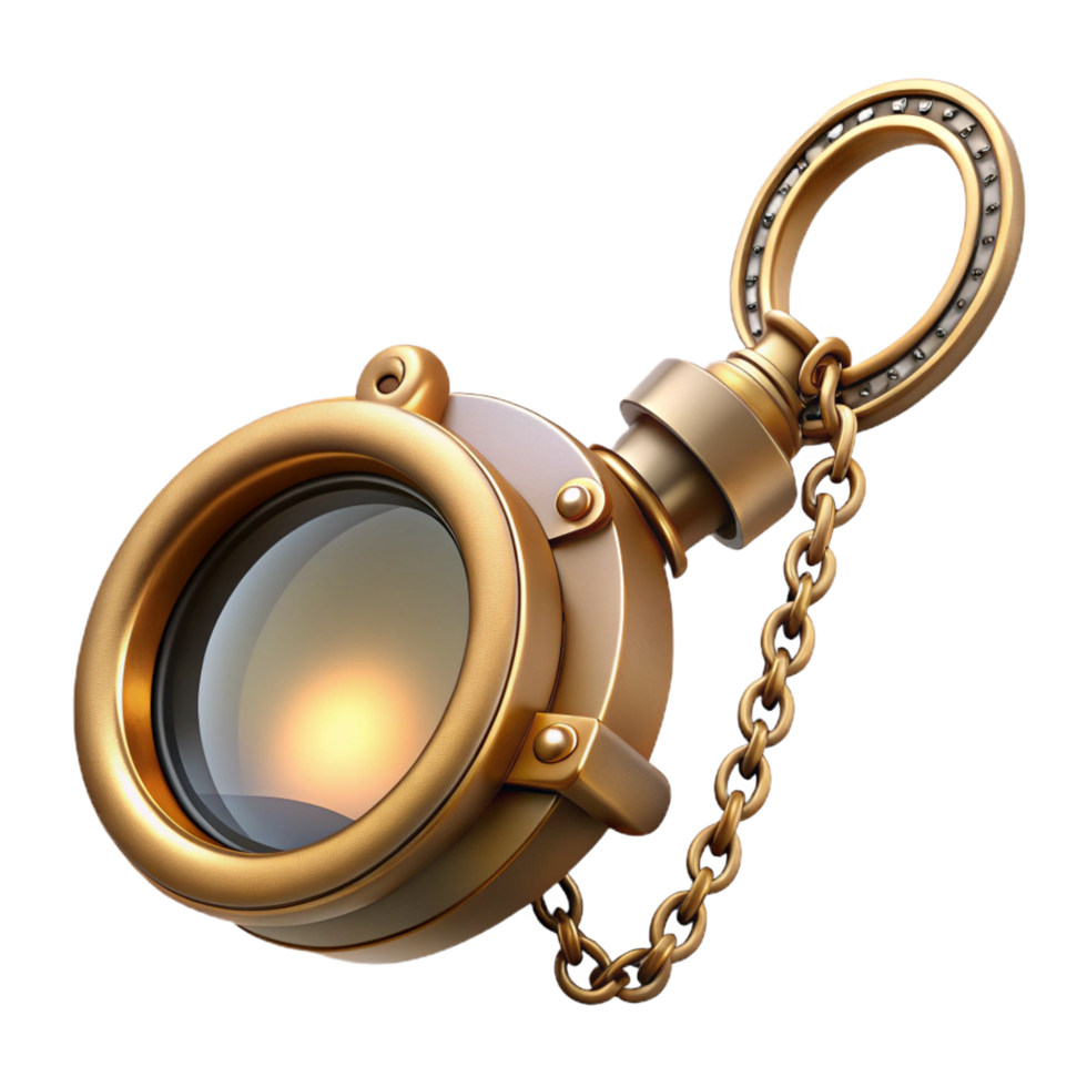 dynamic picturesque Steampunk monocle with a delicate brass frame and chain with Transparent Background detailed png