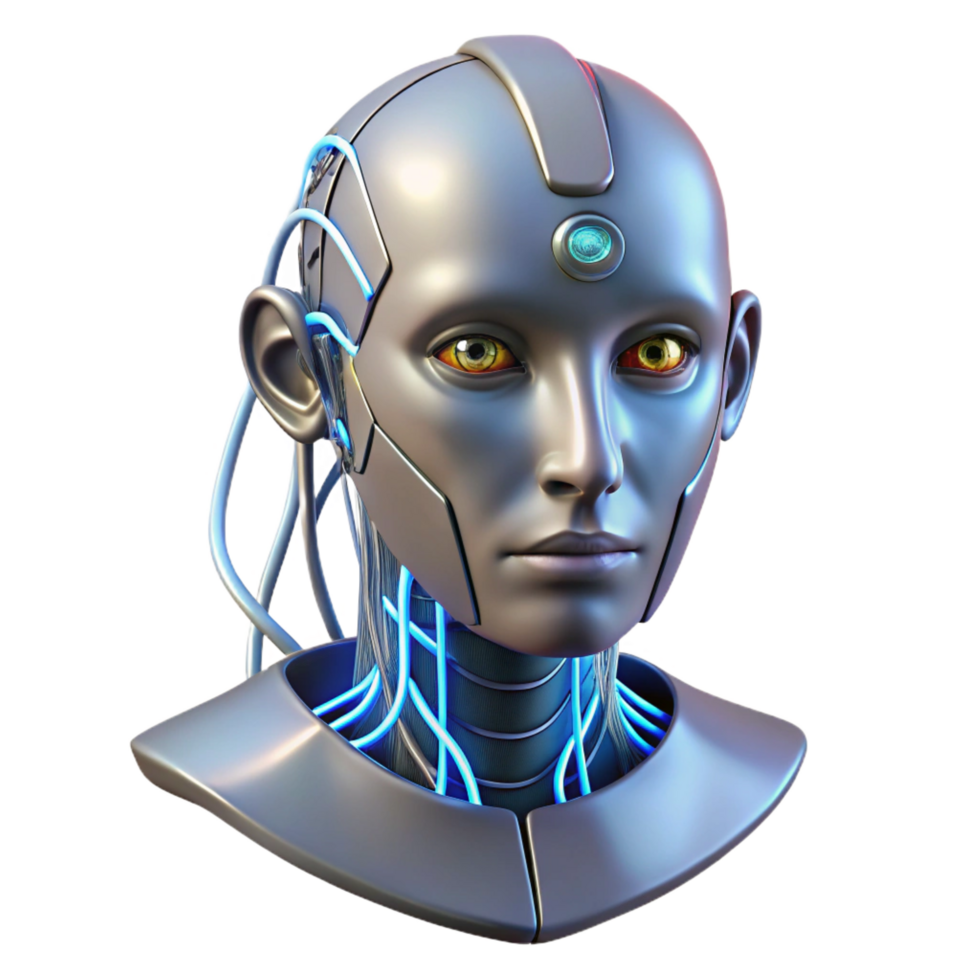 acclaimed bohemian Humanoid robot head with exposed wires and glowing circuits with Transparent Background luxury png