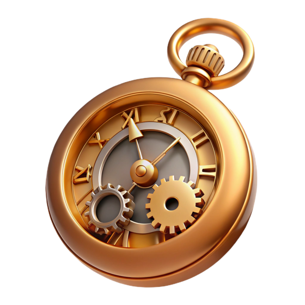 whimsical majestic Steampunk pocket watch with exposed gears and Roman numerals with Transparent Background original png