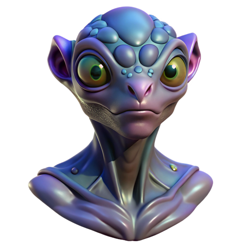 iconic elegant Alien creature bust with iridescent scales and three eyes with Transparent Background studio quality png