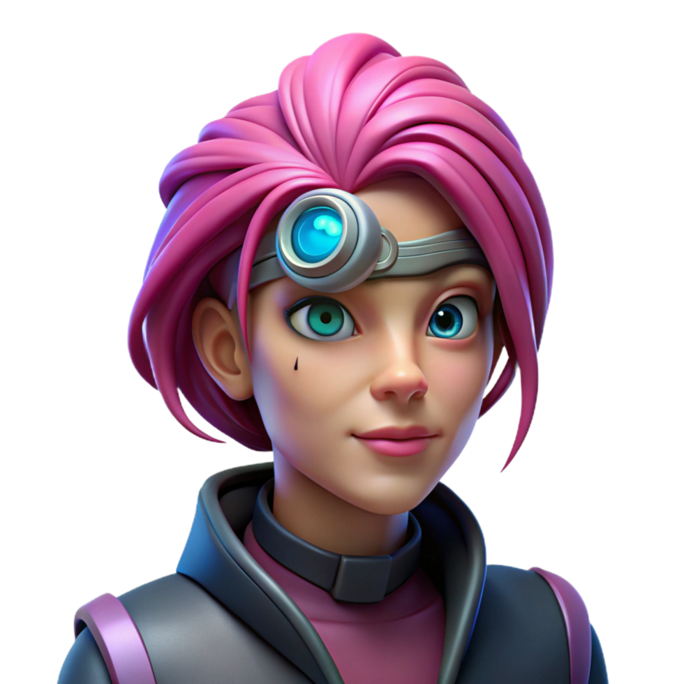 dreamy serene Cyberpunk female character portrait with vibrant pink hair and cybernetic eye implant with Transparent Background high resolution png