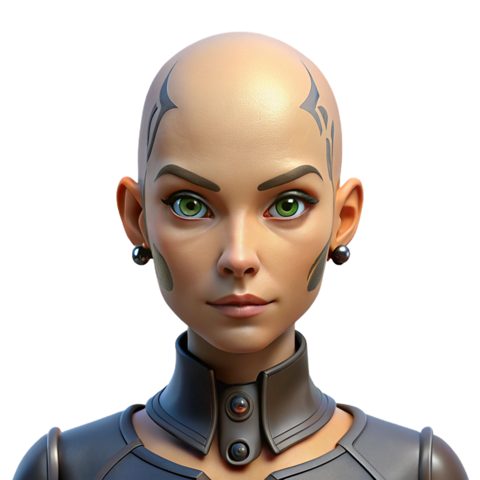 enchanting minimalist Female cyborg portrait, intricate face tattoos, shaved head with Transparent Background flawless png