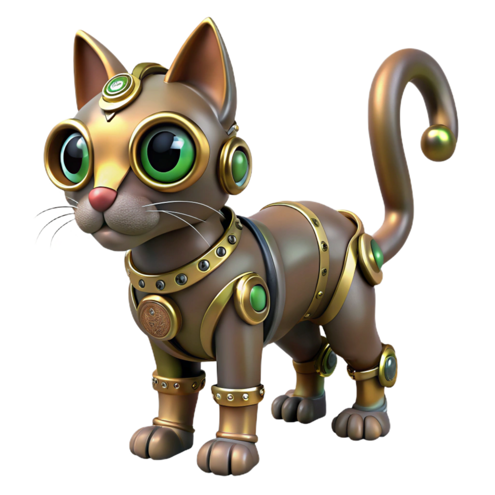 serene contemporary Steampunk cat automaton with a clockwork tail and jeweled eyes with Transparent Background expertly shot png