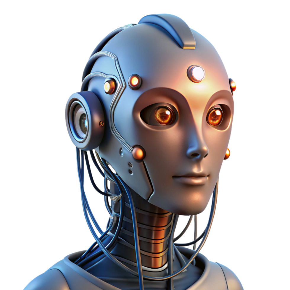 radiant exceptional Humanoid robot head with exposed wires and glowing circuits with Transparent Background png