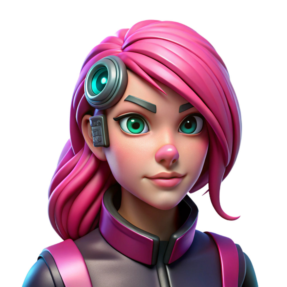 spectacular iconic Cyberpunk female character portrait with vibrant pink hair and cybernetic eye implant with Transparent Background png
