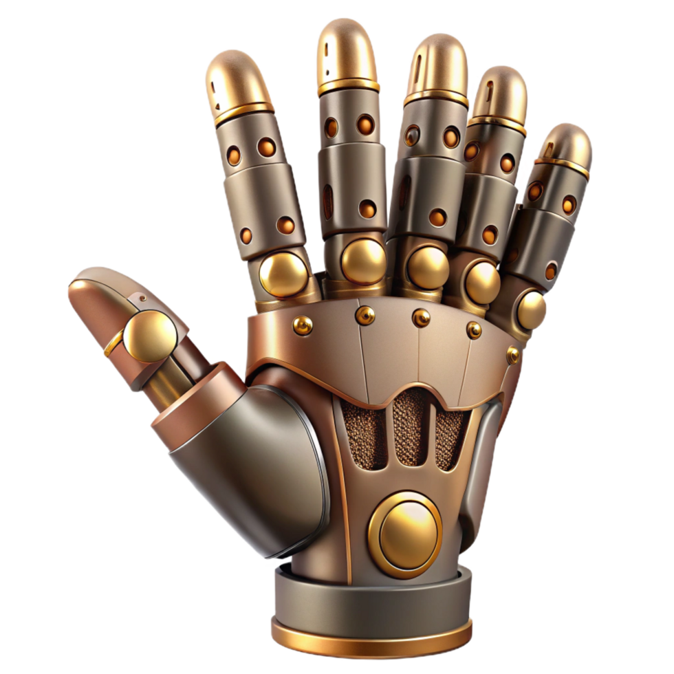 striking unforgettable Steampunk robotic hand with articulated fingers and a brass wrist with Transparent Background png