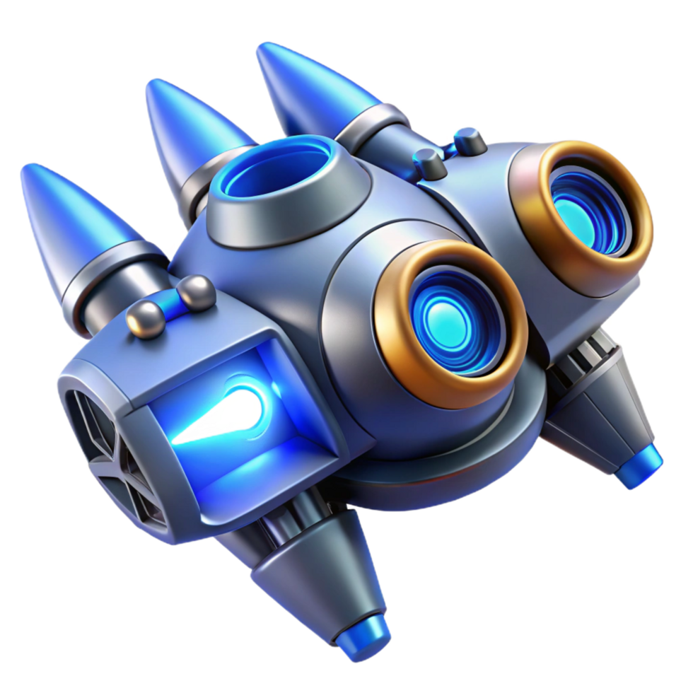 alluring retro Ultra-detailed concept art style isolated cutout of a futuristic spaceship engine with glowing blue thrusters with Transparent Background artisan png