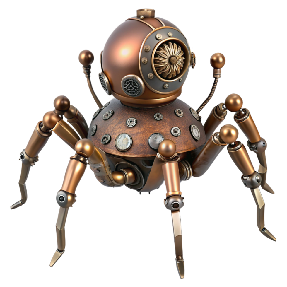 mesmerizing energetic retro Steampunk spider automaton with intricate legs and a clockwork body with Transparent Background handcrafted png