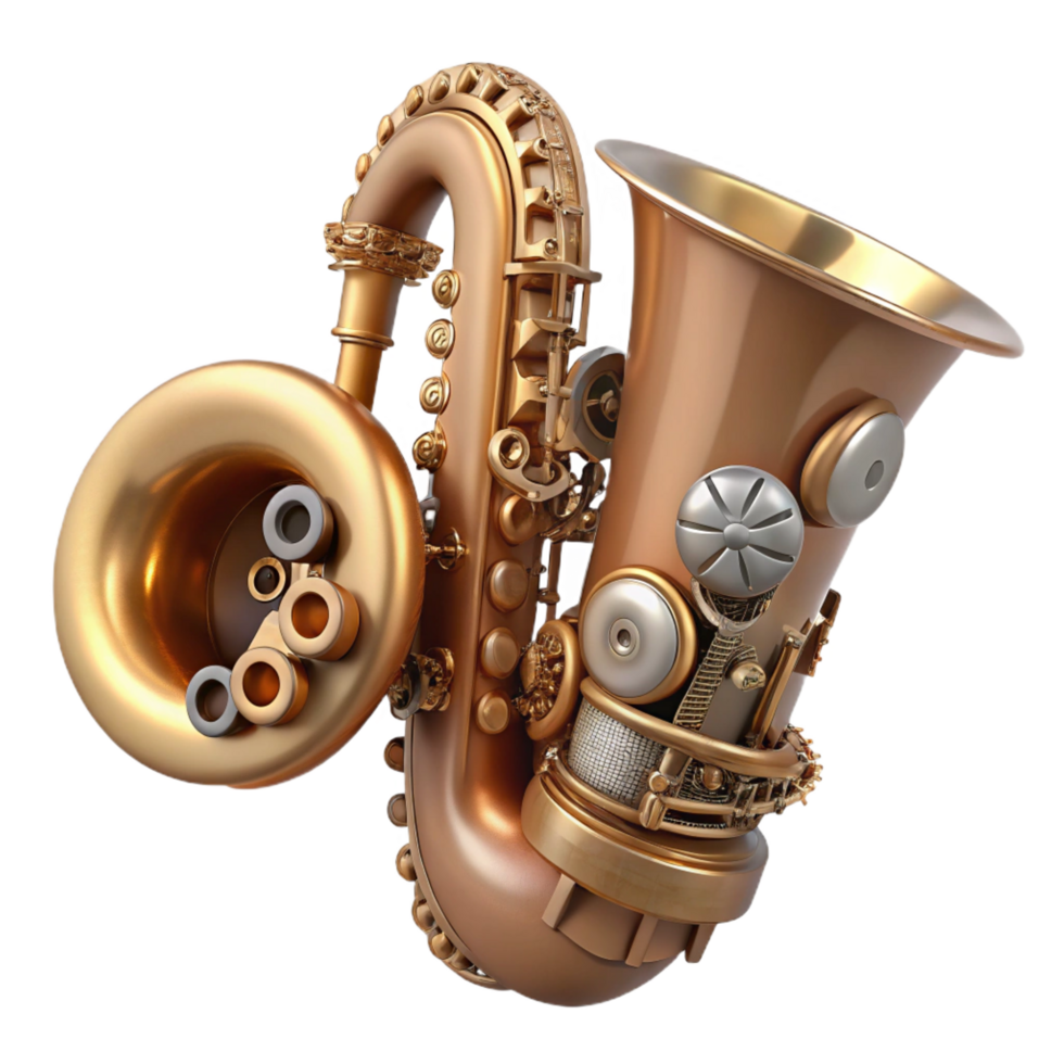 playful captivating Steampunk musical instrument, a brass saxophone with intricate gears with Transparent Background high resolution png