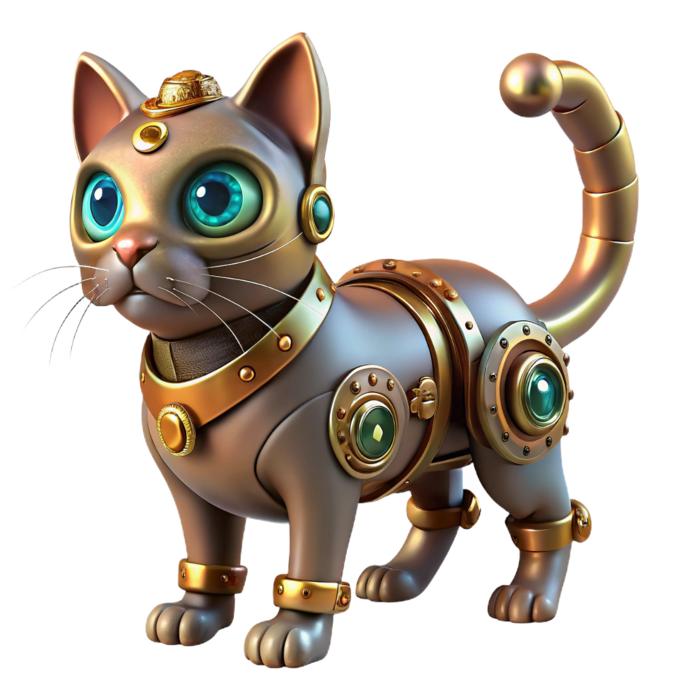 picturesque coastal Steampunk cat automaton with a clockwork tail and jeweled eyes with Transparent Background gallery standard png