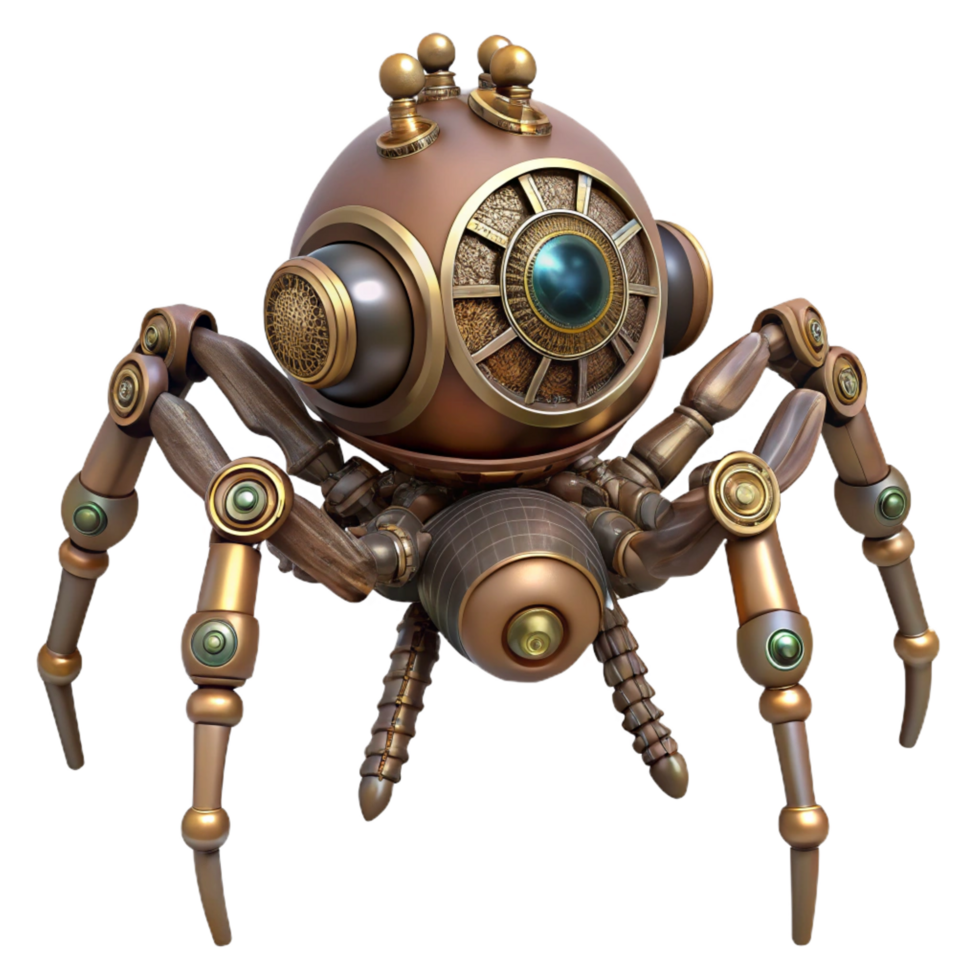 distinctive modern Steampunk spider automaton with intricate legs and a clockwork body with Transparent Background expertly shot png