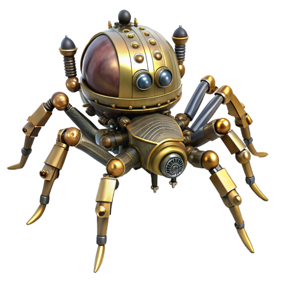 alluring timeless Ultra-detailed, professional render of a steampunk clockwork spider with articulated legs and a brass body Isolated cutout with Transparent Background png